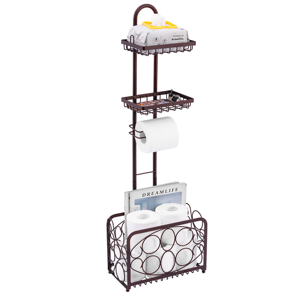 Freestanding Toilet Paper Holder with Storage Basket (Bronze)