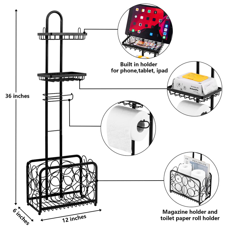 Freestanding Toilet Paper Holder with Storage Basket (Black)