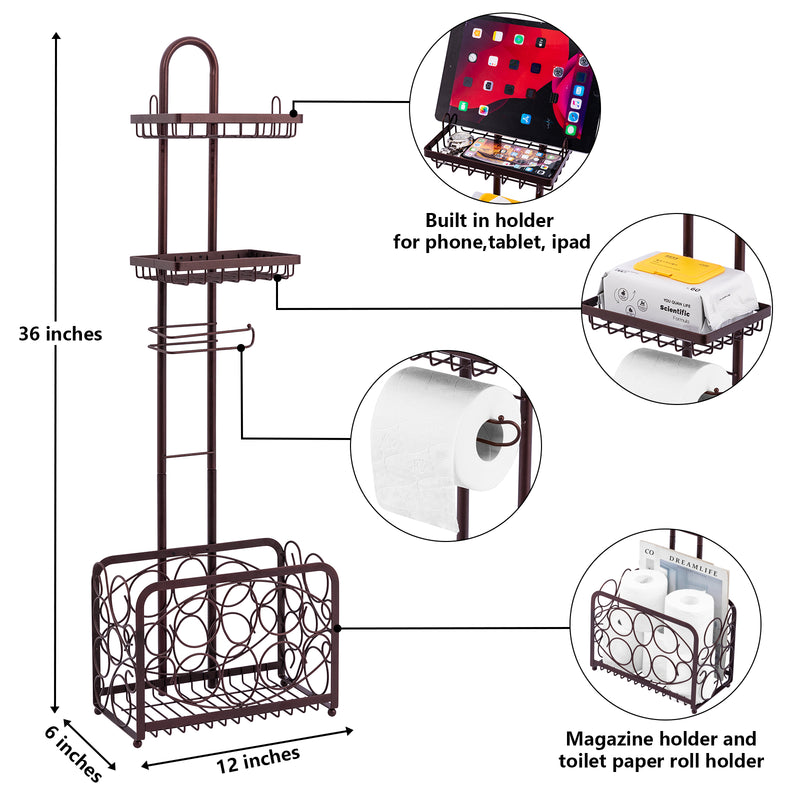 Freestanding Toilet Paper Holder with Storage Basket (Bronze)