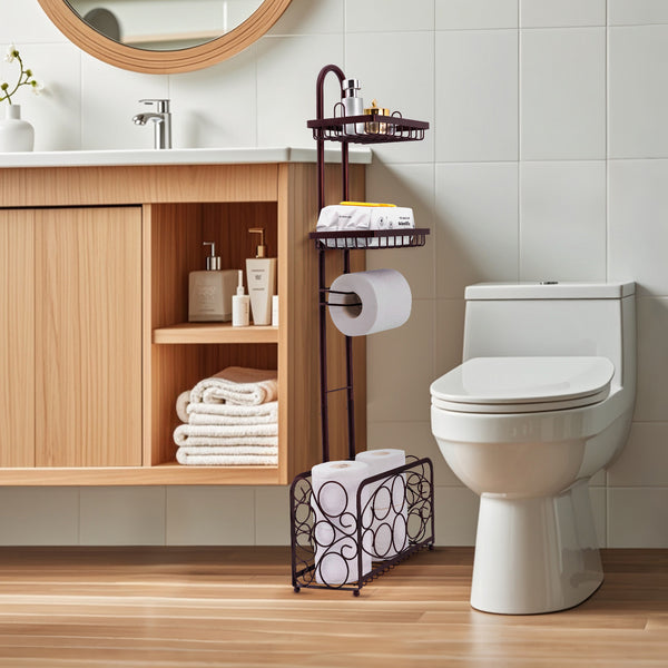 Freestanding Toilet Paper Holder with Storage Basket (Bronze)