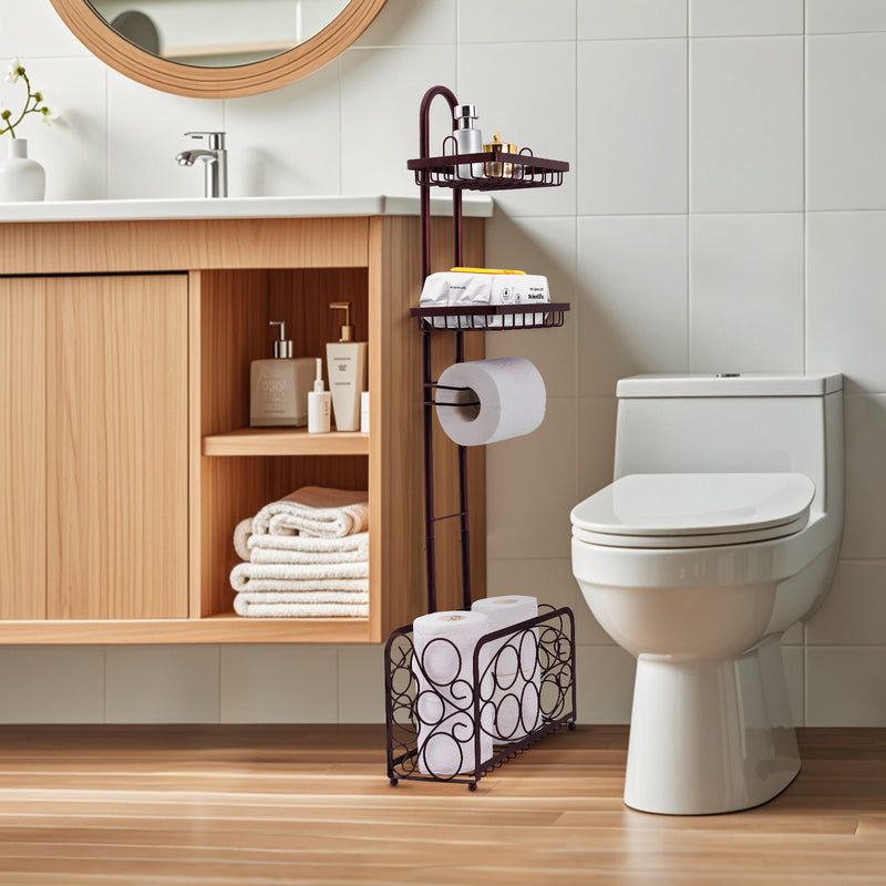 Freestanding Toilet Paper Holder with Storage Basket (Bronze)