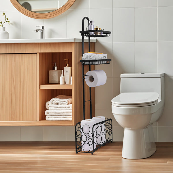 Freestanding Toilet Paper Holder with Storage Basket (Black)