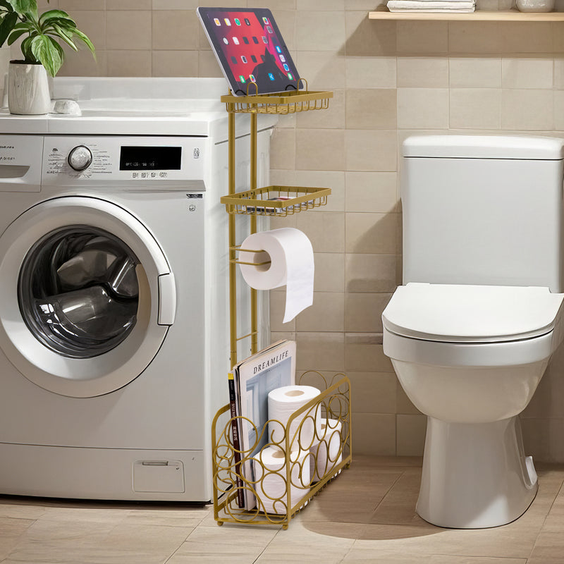 Freestanding Toilet Paper Holder with Storage Basket (Gold)