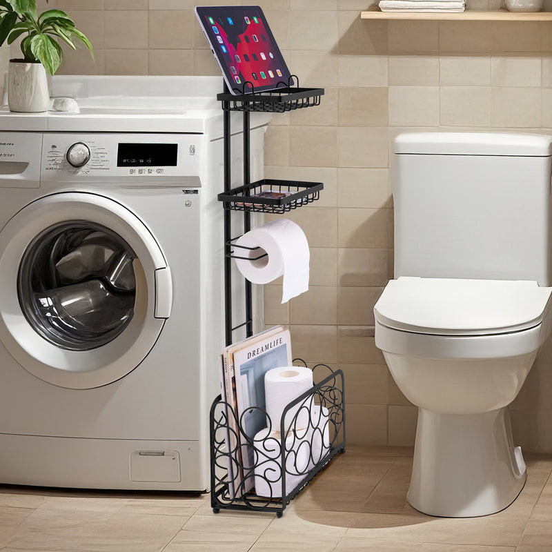 Freestanding Toilet Paper Holder with Storage Basket (Black)