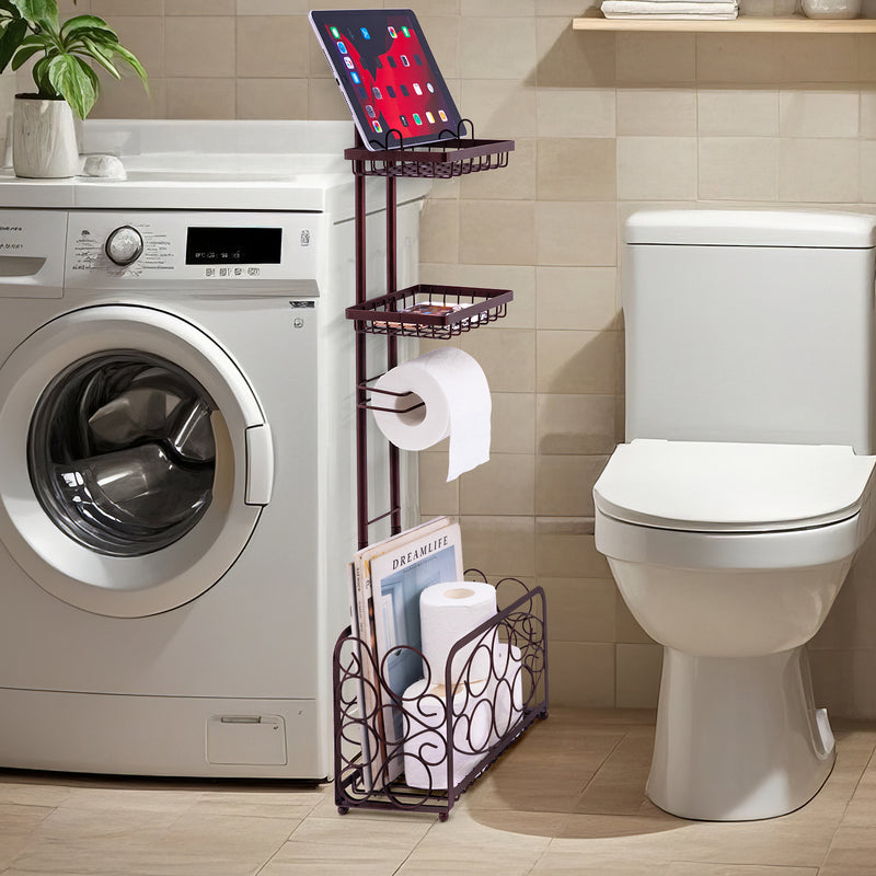 Freestanding Toilet Paper Holder with Storage Basket (Bronze)