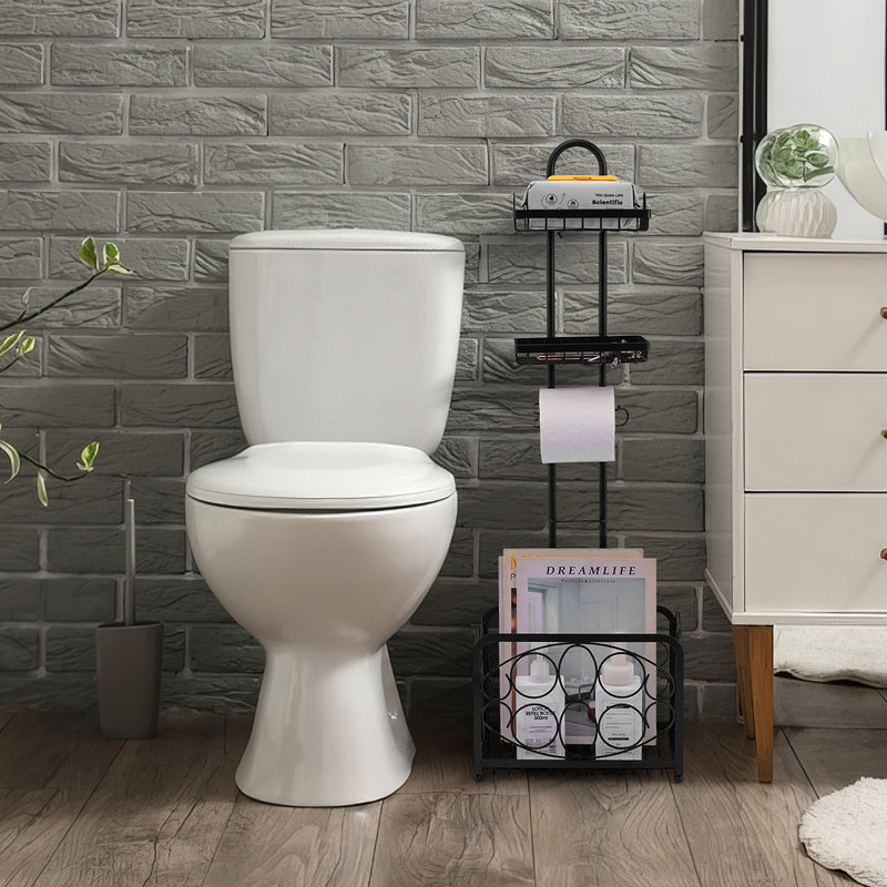Freestanding Toilet Paper Holder with Storage Basket (Black)