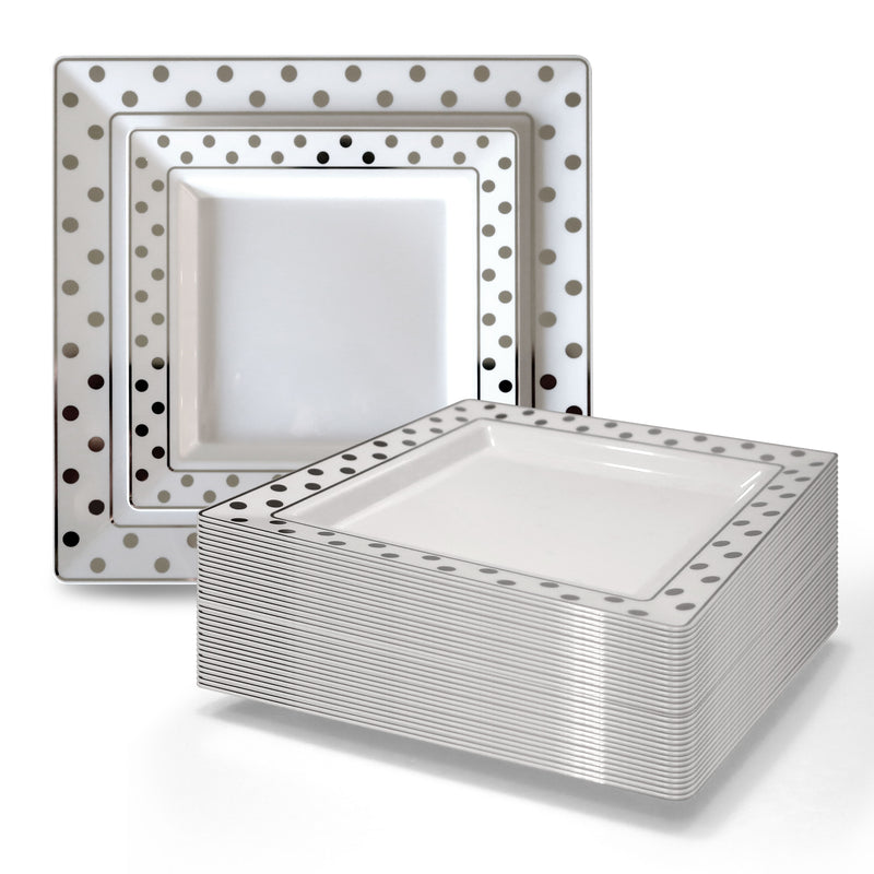 7.25 Silver Polka Dot Rim Square Plastic Plates 50 Count Oasis Creations