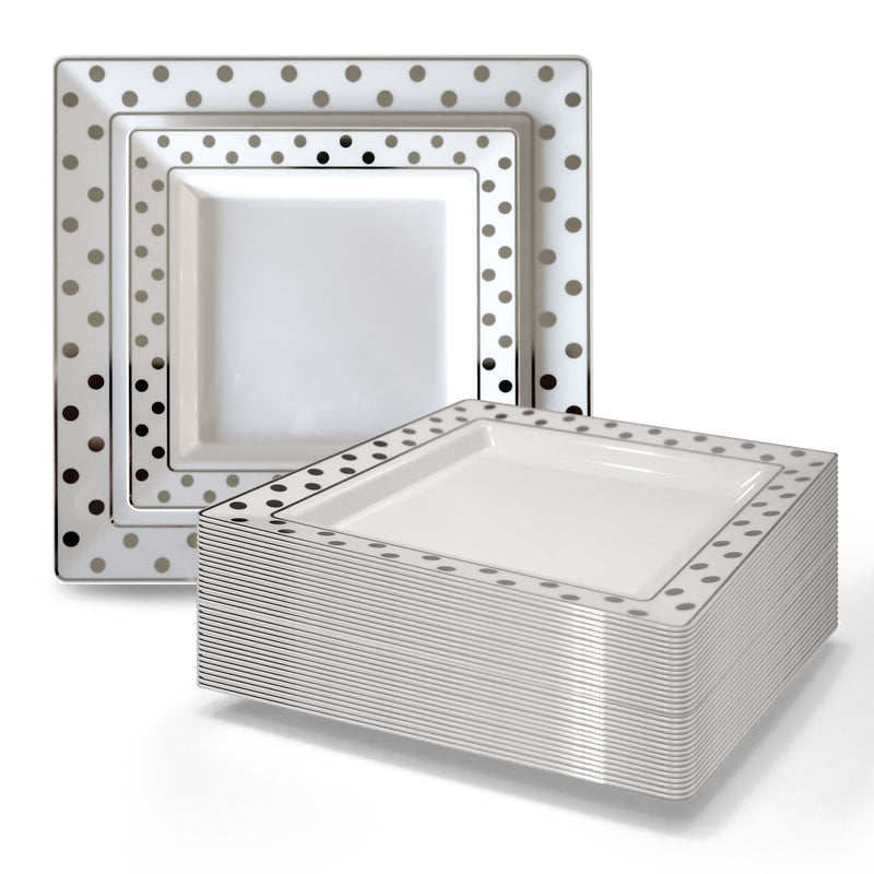 7.25” Silver Polka Dot Rim Square Plastic Plates (50 Count)