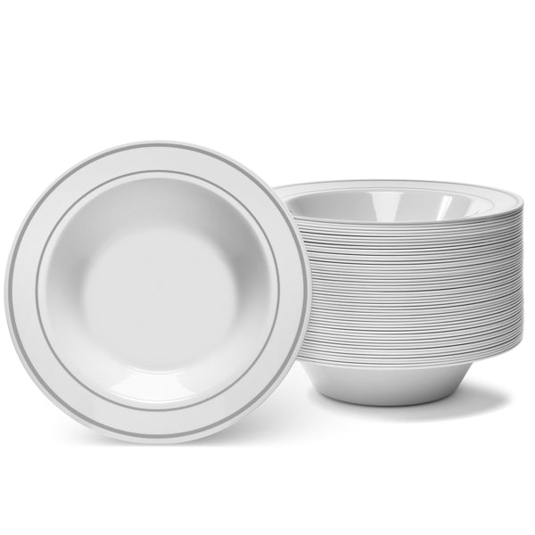 Silver Rimmed White Bowls - 5 Oz - (50 Count)