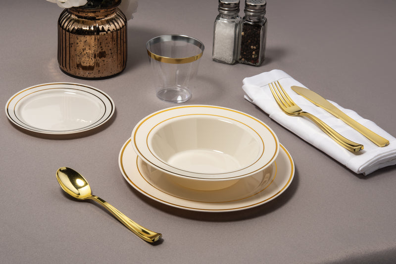 Gold Rimmed Ivory Bowls set of plates bowls and cutlery  