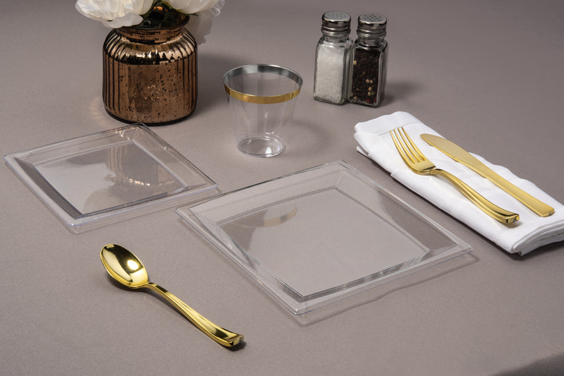 clear square plate on table 