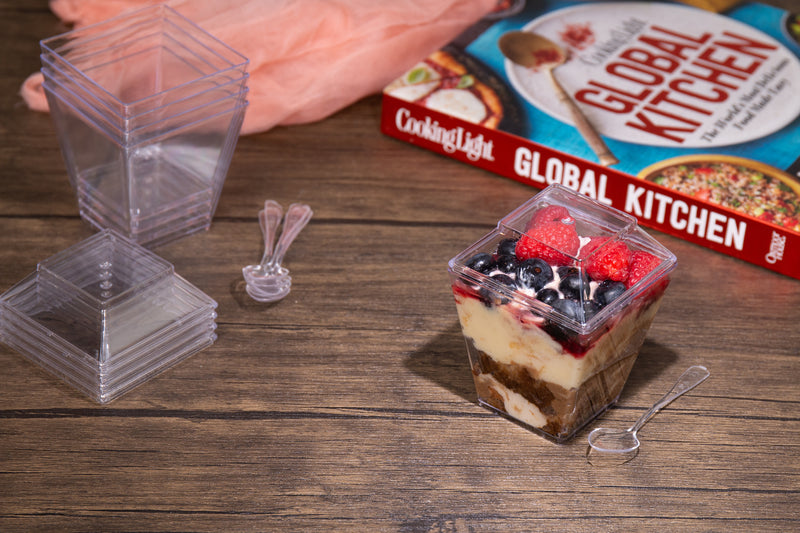 Square Dessert Cup - Lids & Spoons Included - 8 oz (50 Count)
