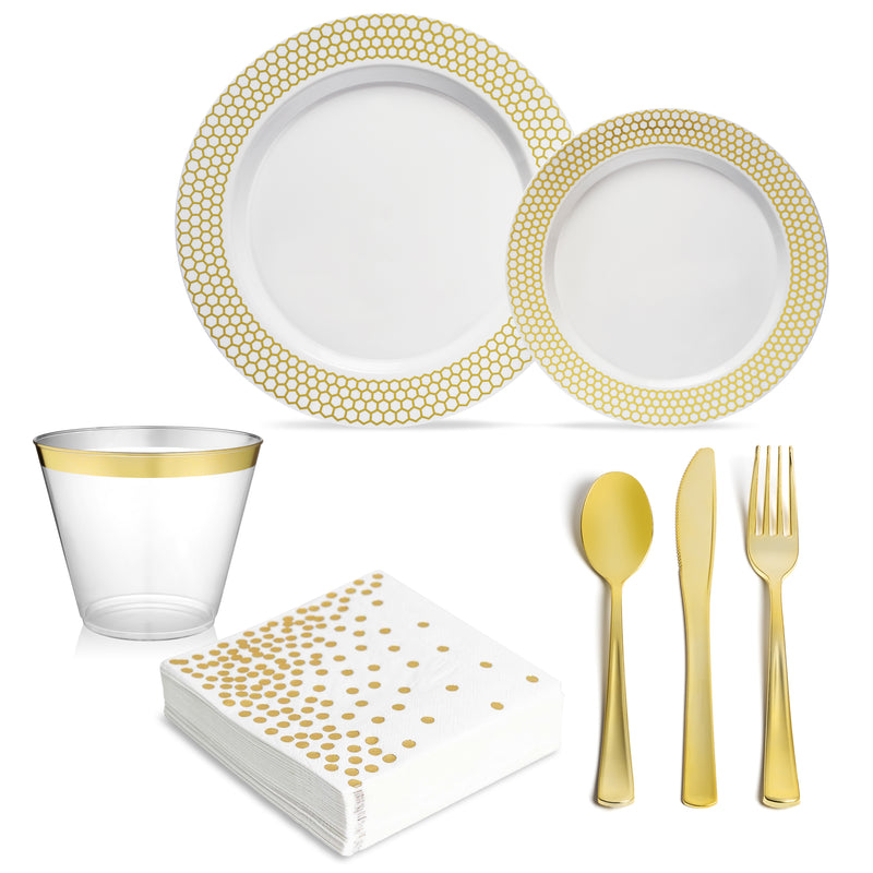 Premium Clear Plastic Dessert Plates with Gold Trim - 25 Ct