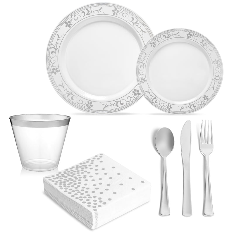 Premium Silver Flower Design Plates and Cutlery Set (175 Count)