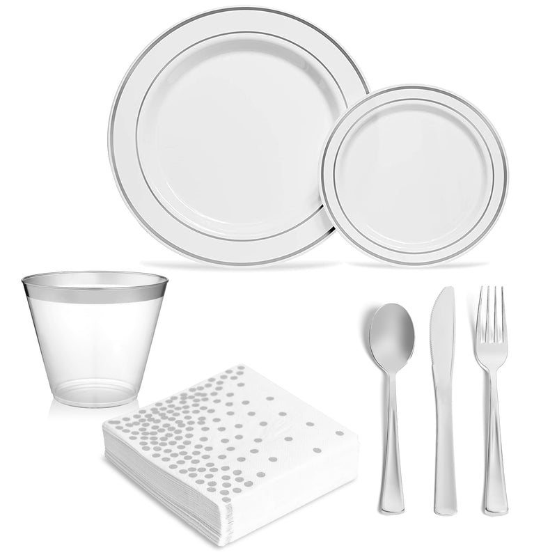 Premium Silver Rimmed Plates and Cutlery Set (175 Count)