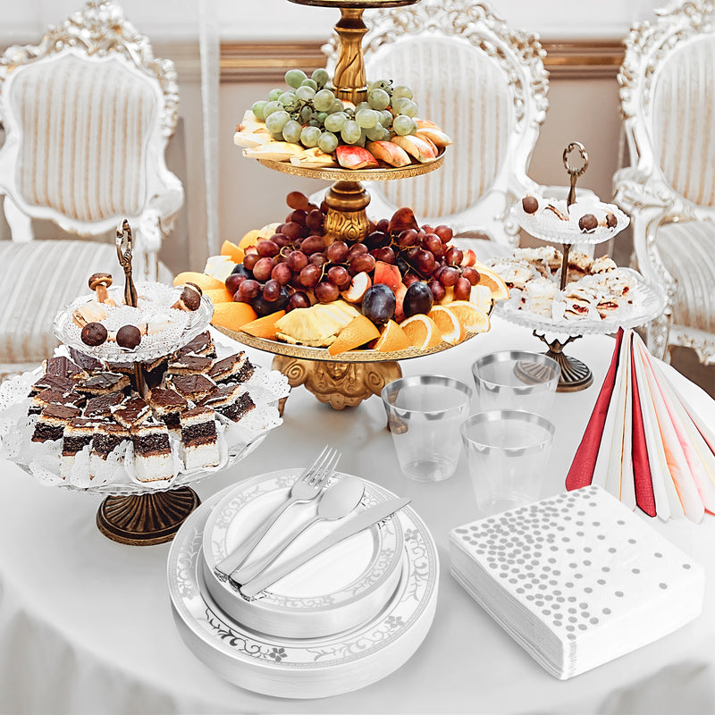 Premium Silver Flower Design Plates and Cutlery Set (175 Count)