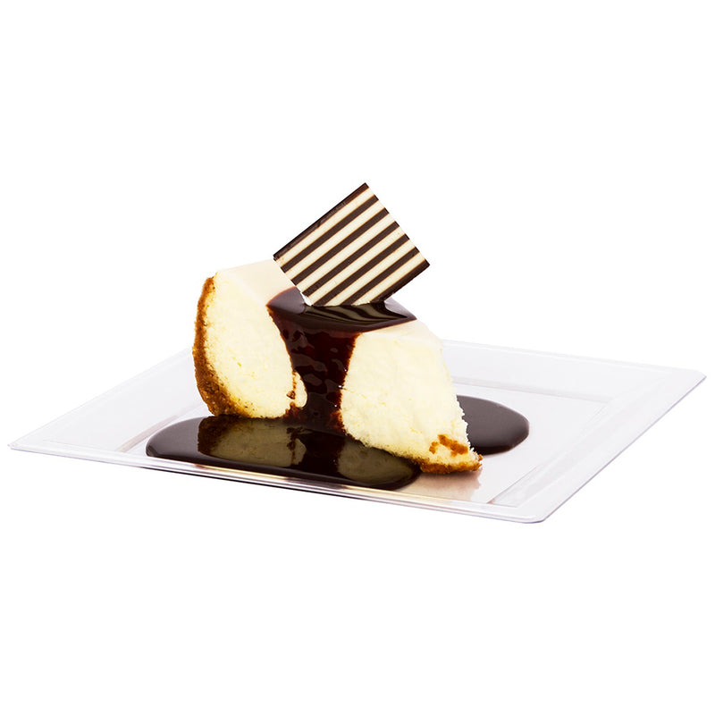 square clear plate with cake 