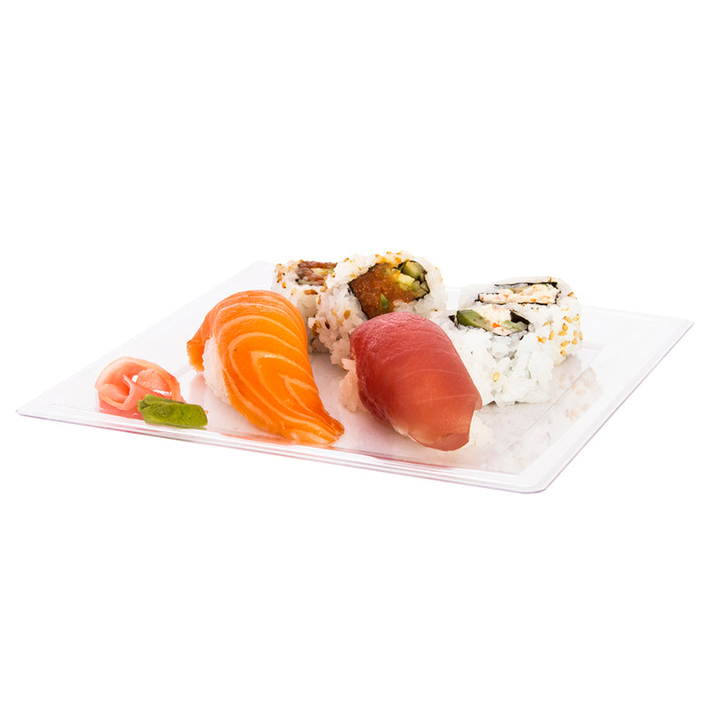plastic plate clear with sushi 